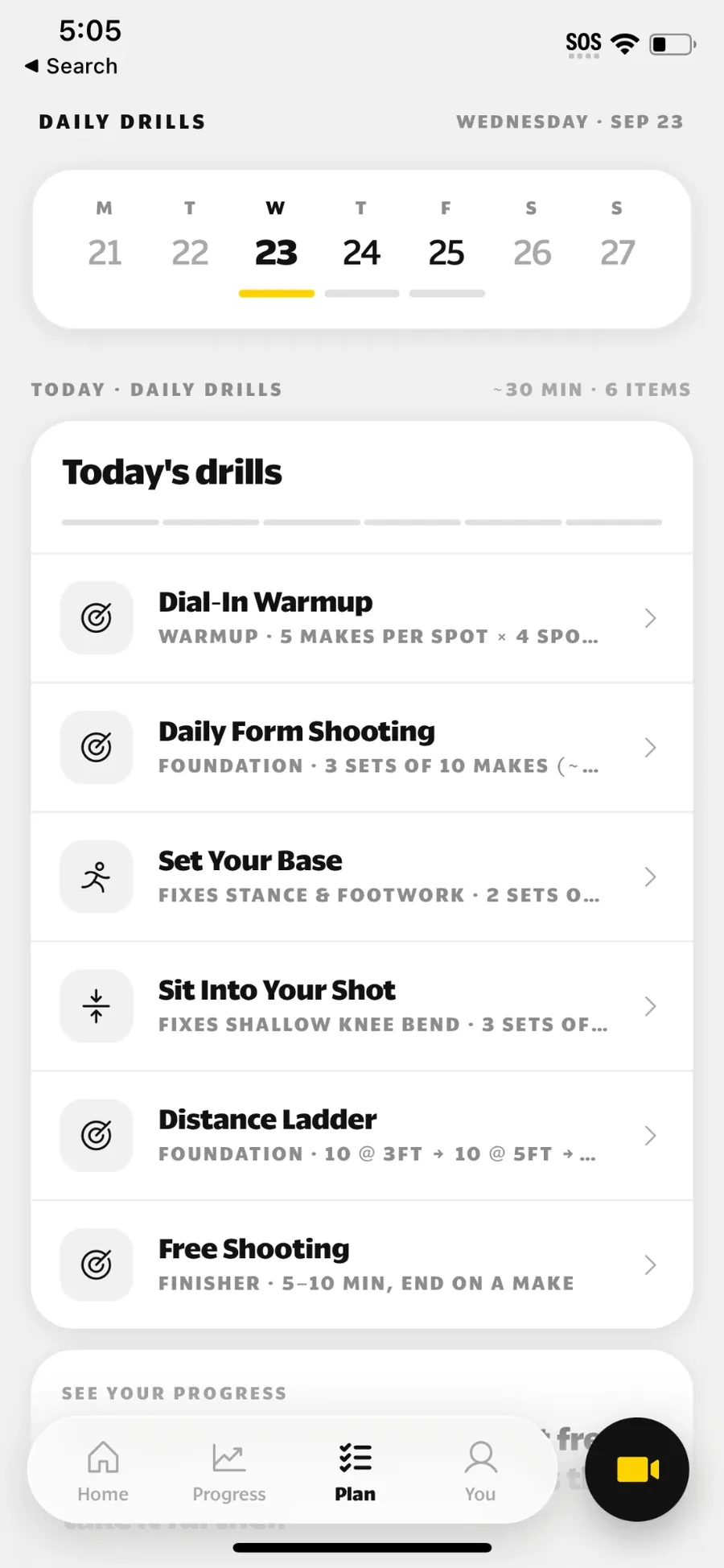 A day's custom drill plan in Jumpshot AI, built from the faults the AI found
