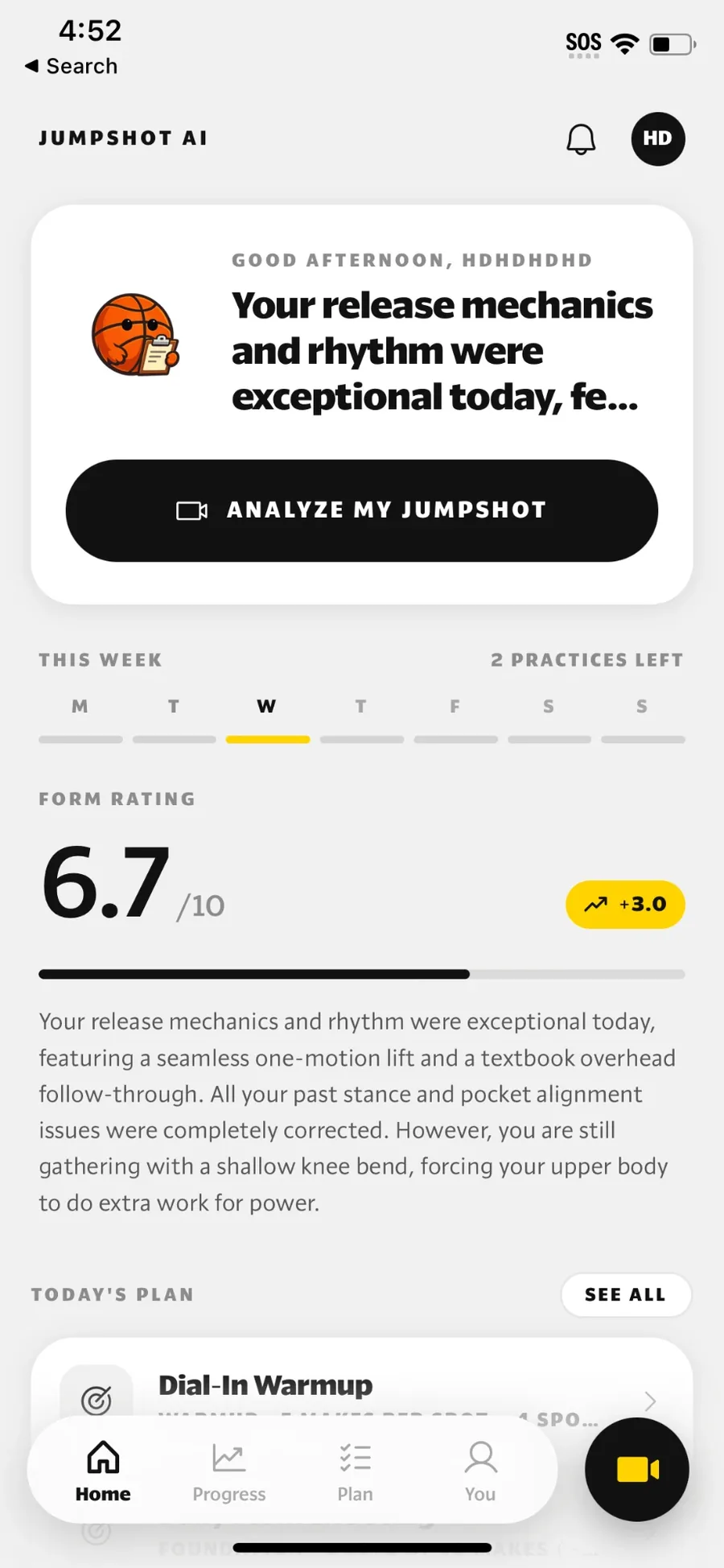 The Jumpshot AI home screen showing this week’s practices and your current form rating