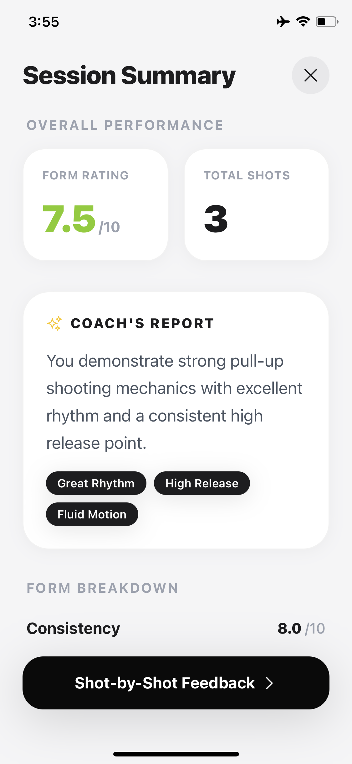 Session summary in Jumpshot AI showing a form rating out of 10, total shots and the AI coach's report